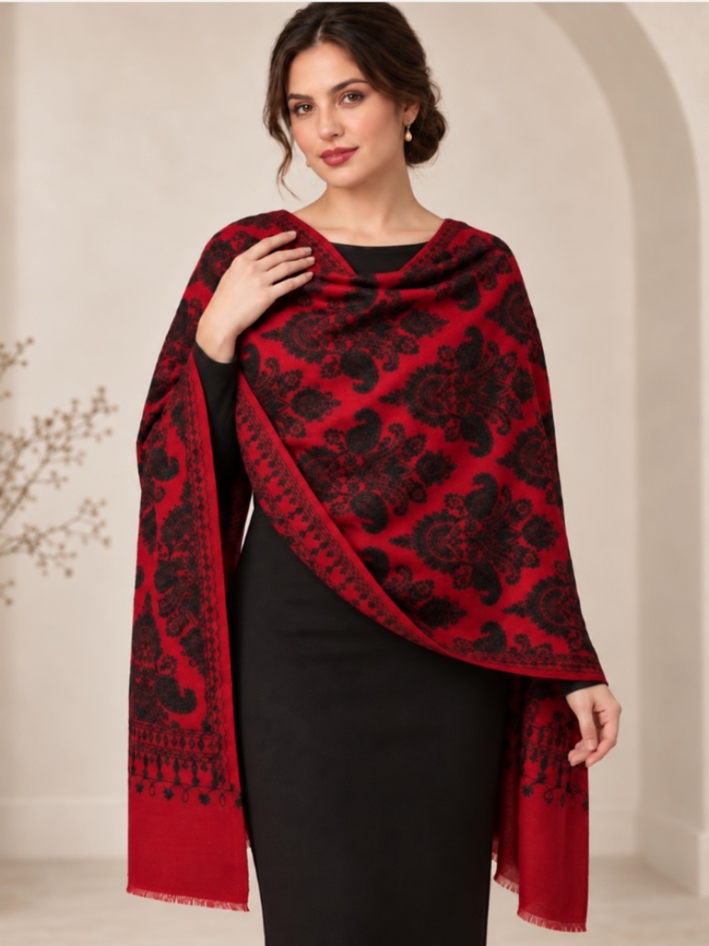 NEW Pashmina Blend Oversized Shawl Wrap, Black/Red, 40"x80"
